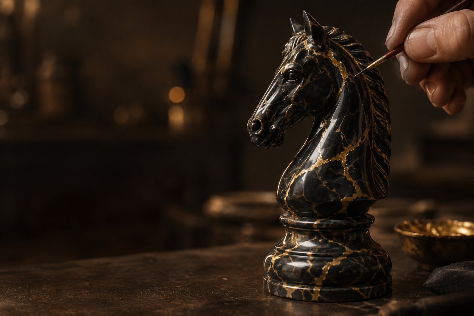 A fine brush applying gold detail to a dark sculptural chess knight