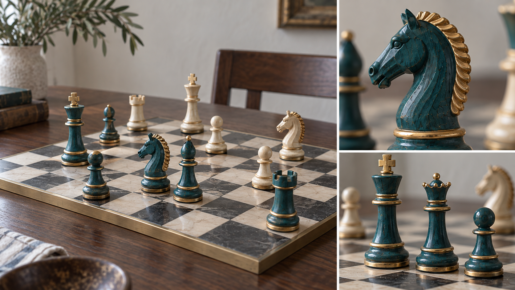 Carving, painting and finishing teal and gold chess pieces