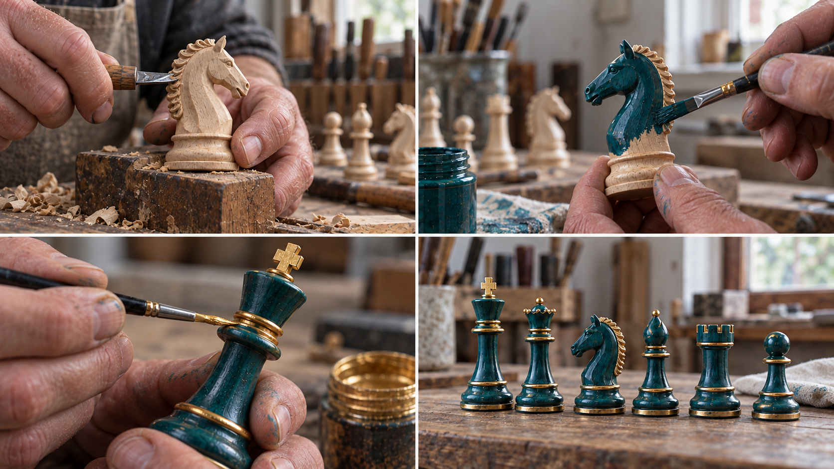 Teal and gold chess study with a sculptural knight